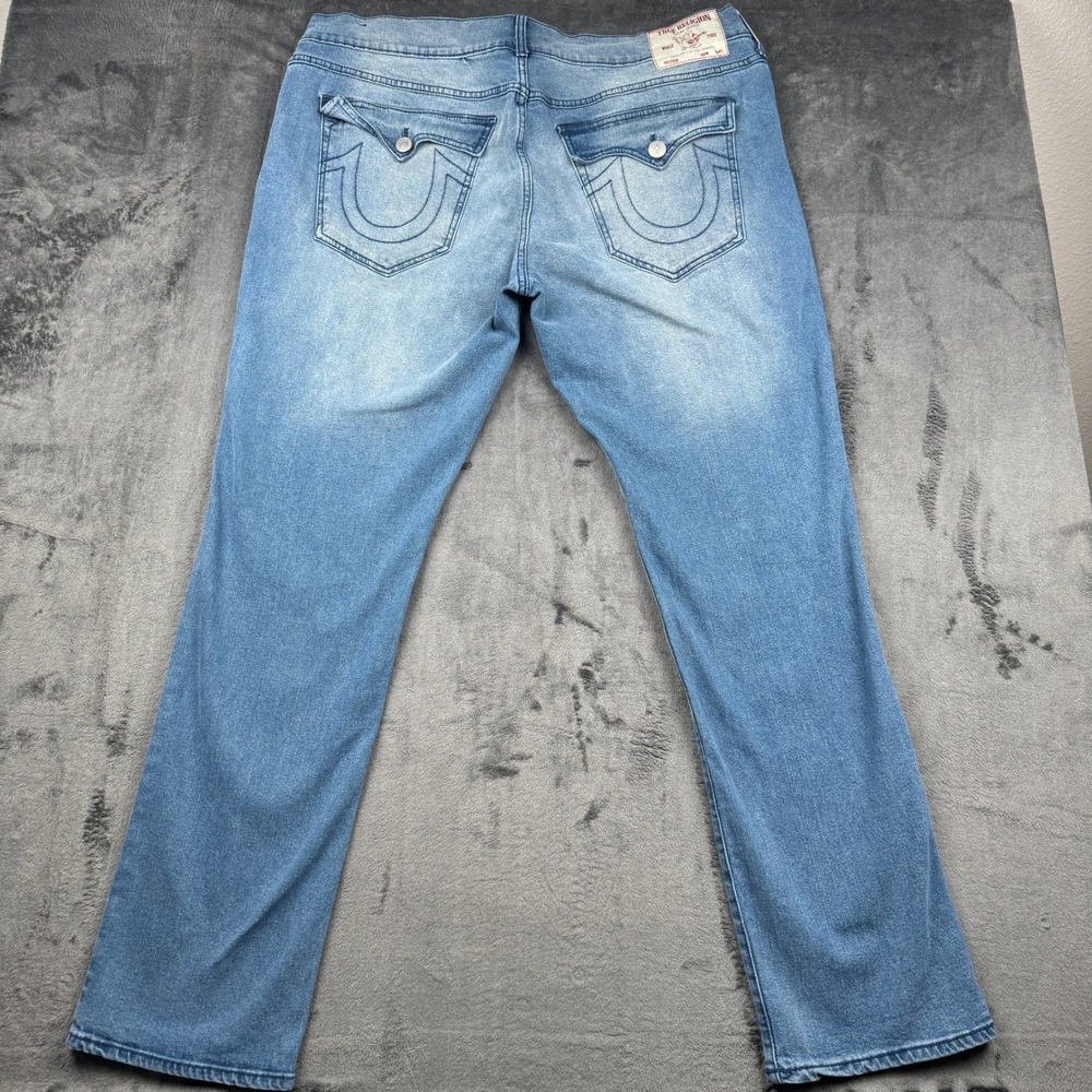 True Religion Ricky Relaxed Straight Jeans Mens 42 Light Wash Flap Pocket Exc